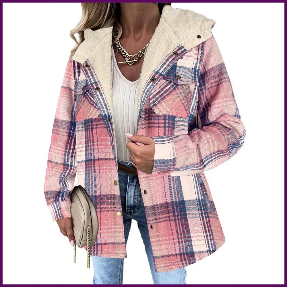 Women's Sherpa Lined Plaid Shacket Jacket Hooded Fleece Oversized Fit